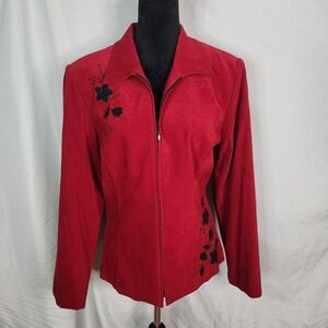 Vintage STUDIO I Size 16‎ Red Full Zip Collared Jacket Black Floral Embroidered